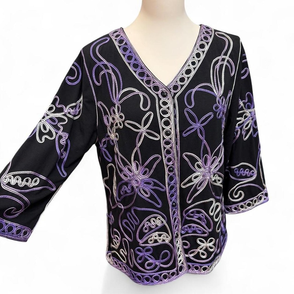 Once Again Purple White Soutache Ribbon Embroidered V-Neck Button Cardigan Large